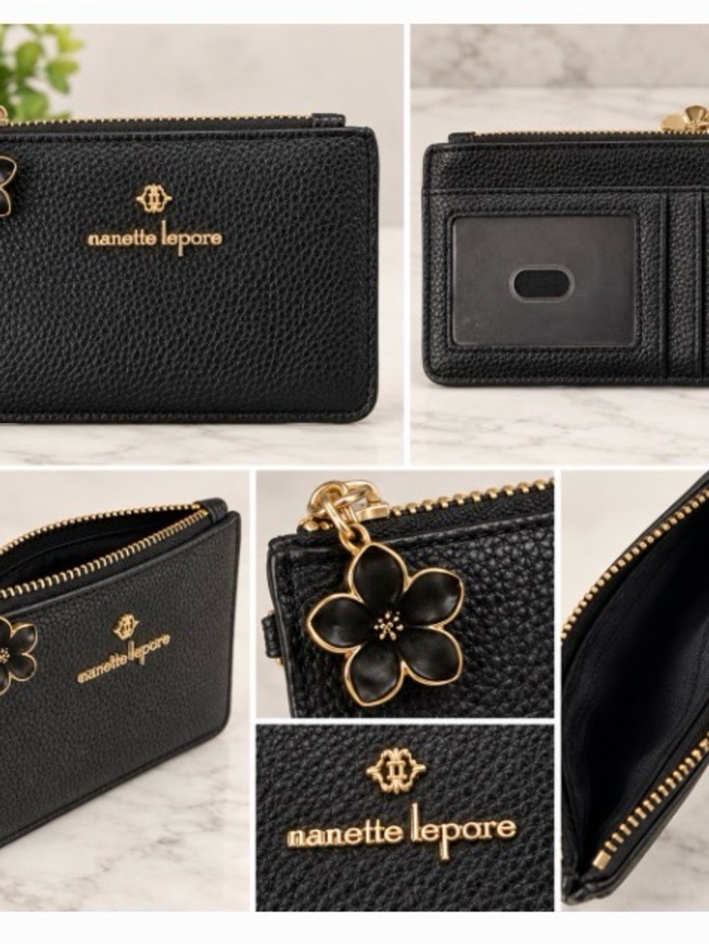 Nanette Lepore Black Leather Zip Card Holder with Gold Trim